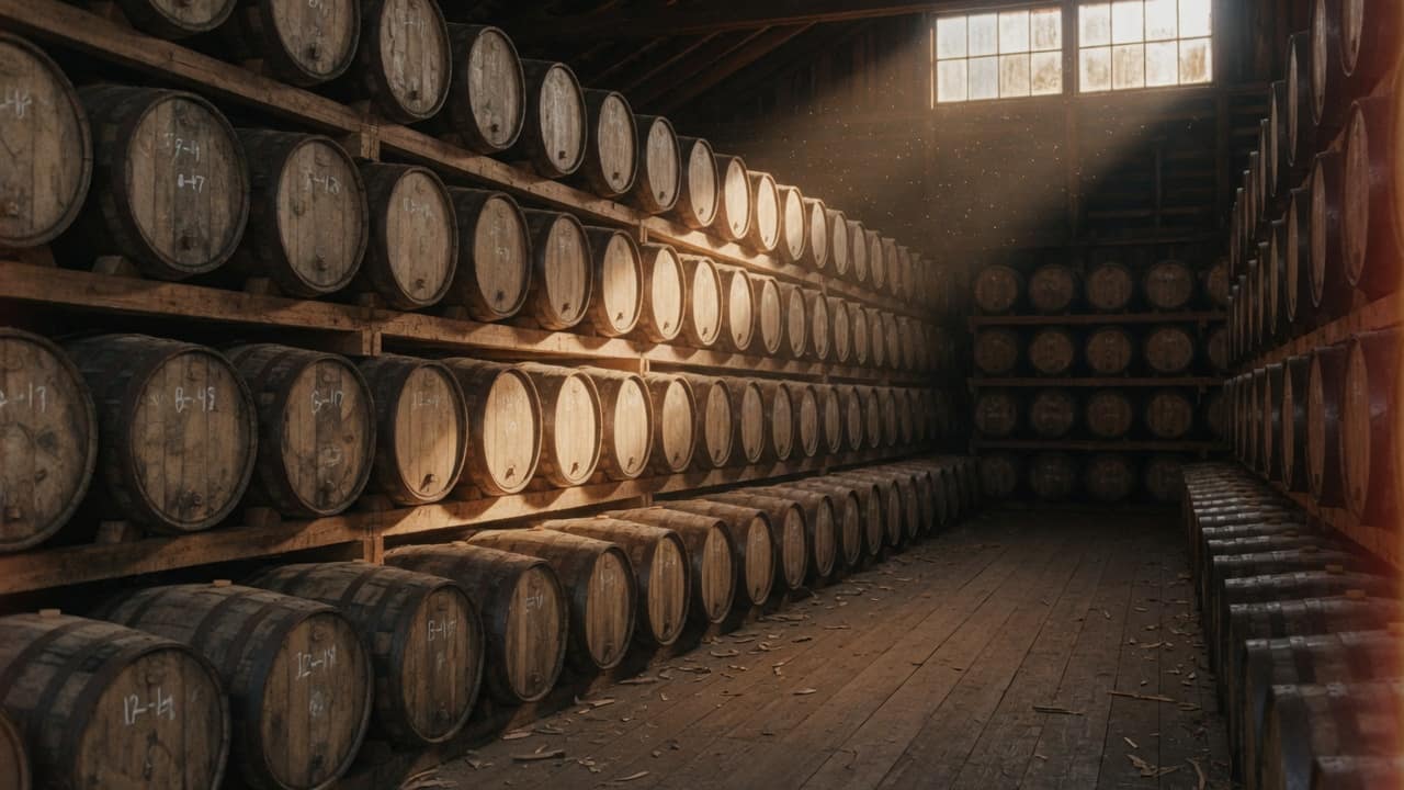 Oak barrels stacked in orderly rows in a rickhouse