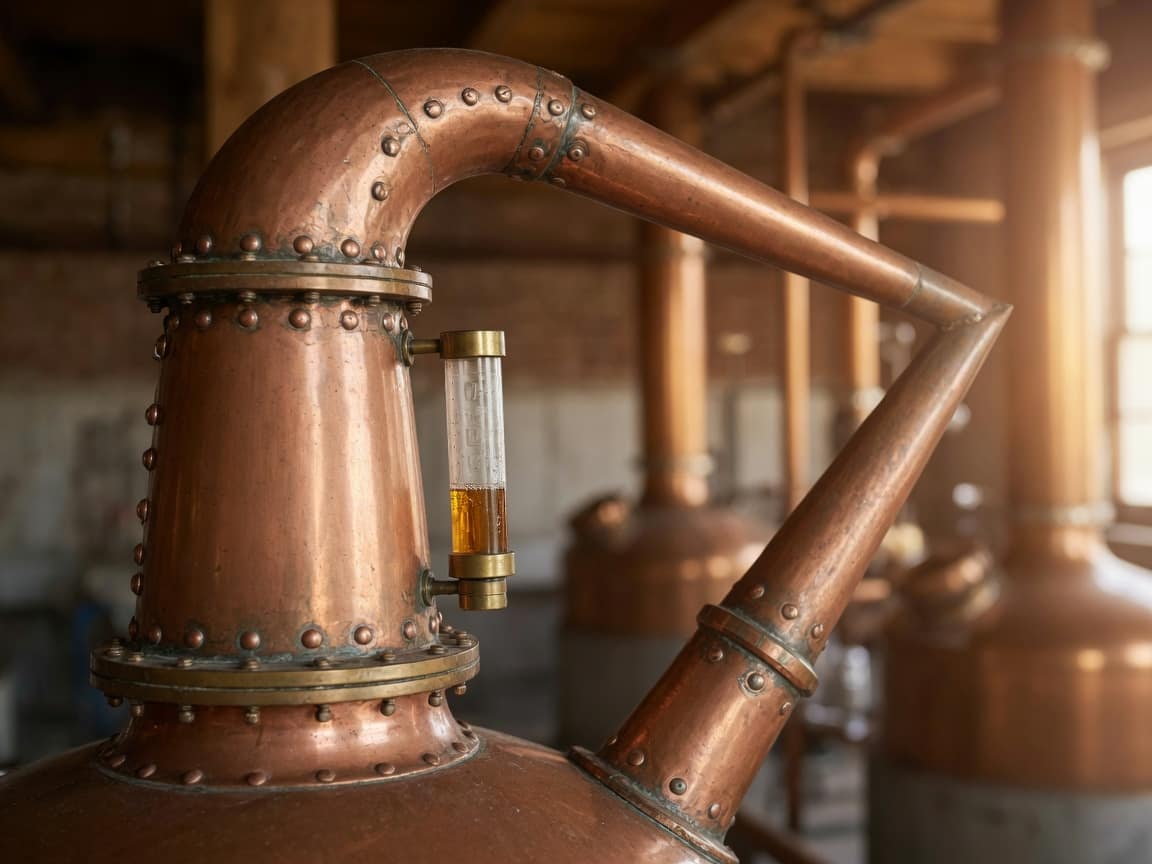 Copper lyne arm and sight glass on a pot still