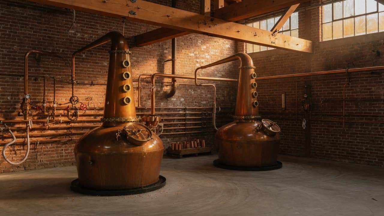 Copper pot stills in a craft distillery stillhouse